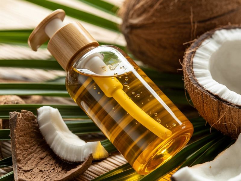 prikaz bočice sa kokosovim uljem i kokos u pozadini